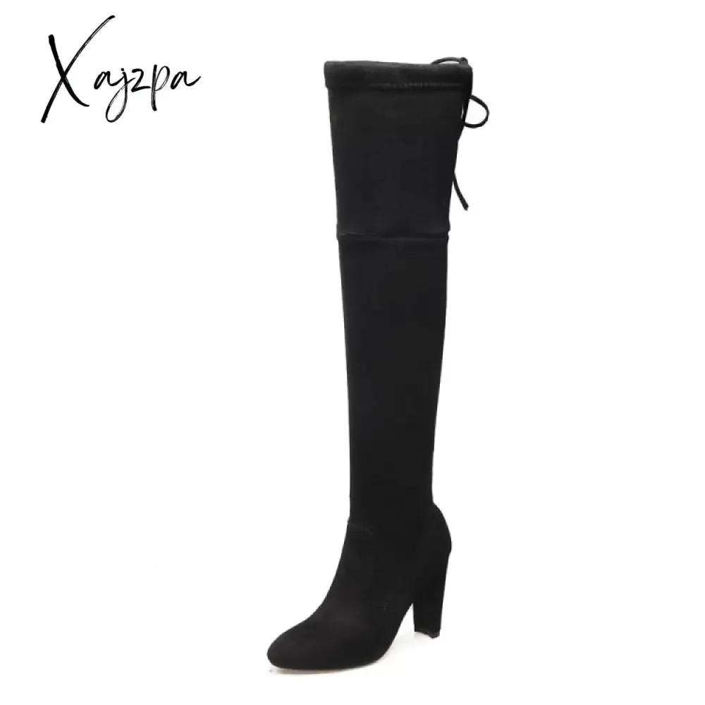 Xajzpa - Autumn Winter New Women High Heels Chelsea Boots Fashion Over The Knee Chunky Warm Sock Boots Sexy Pumps Ladies Shoes Botas