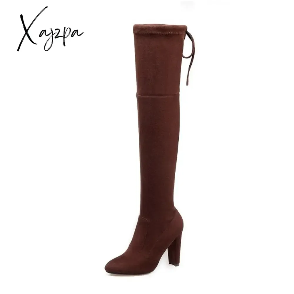 Xajzpa - Autumn Winter New Women High Heels Chelsea Boots Fashion Over The Knee Chunky Warm Sock Boots Sexy Pumps Ladies Shoes Botas