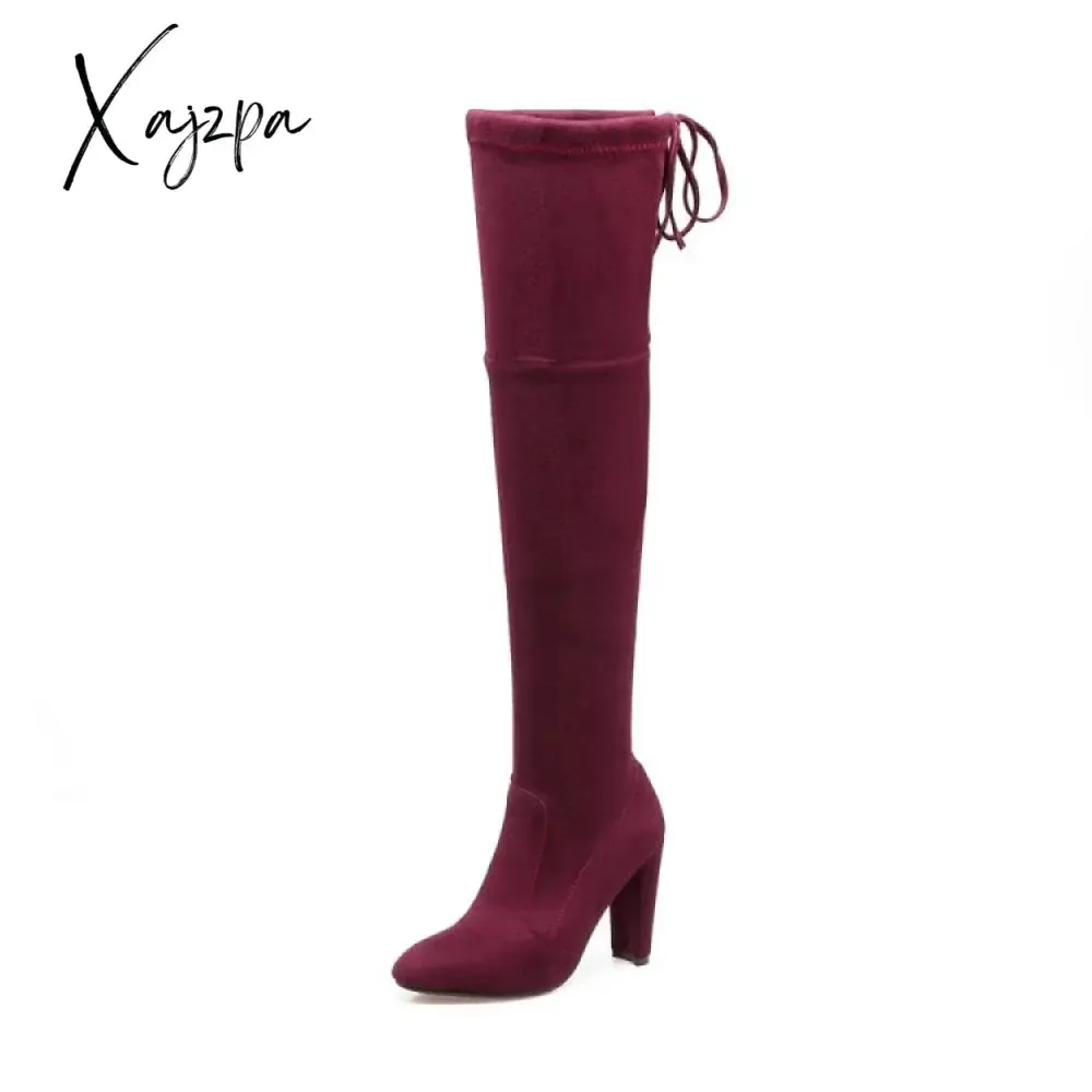 Xajzpa - Autumn Winter New Women High Heels Chelsea Boots Fashion Over The Knee Chunky Warm Sock Boots Sexy Pumps Ladies Shoes Botas