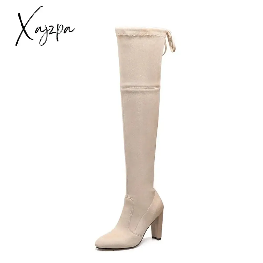 Xajzpa - Autumn Winter New Women High Heels Chelsea Boots Fashion Over The Knee Chunky Warm Sock Boots Sexy Pumps Ladies Shoes Botas