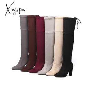 Xajzpa - Autumn Winter New Women High Heels Chelsea Boots Fashion Over The Knee Chunky Warm Sock Boots Sexy Pumps Ladies Shoes Botas