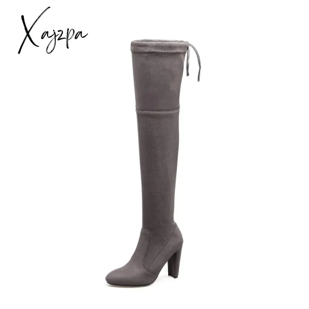 Xajzpa - Autumn Winter New Women High Heels Chelsea Boots Fashion Over The Knee Chunky Warm Sock Boots Sexy Pumps Ladies Shoes Botas