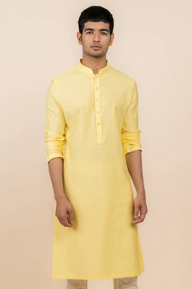 Yellow Floral Self Jacquard Kurta Set