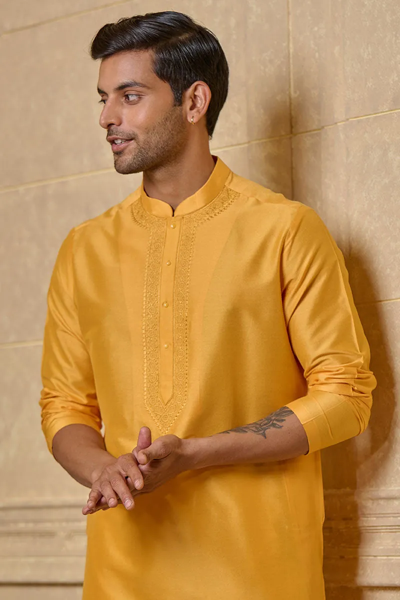 Yellow Ochre Kurta Set With Embroidered Packet