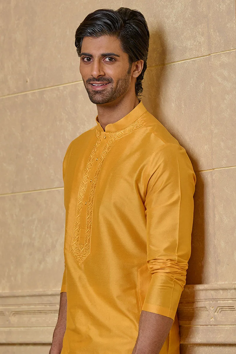 Yellow Ochre Kurta Set With Embroidered Packet